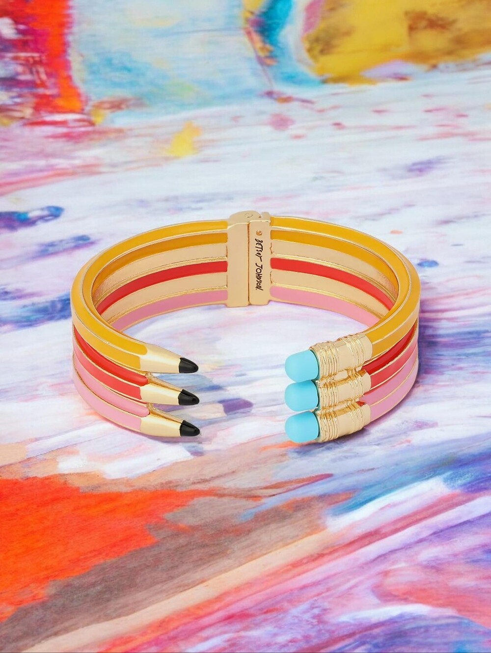 NEW Betsey Johnson Triple Pencil Hinge Bangle Bracelet Gold Tone Length 6.5" NWT - Picture 2 of 6